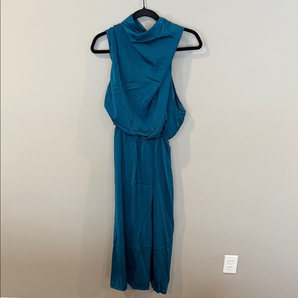 Teal Sleeveless High-Neck Midi Dress